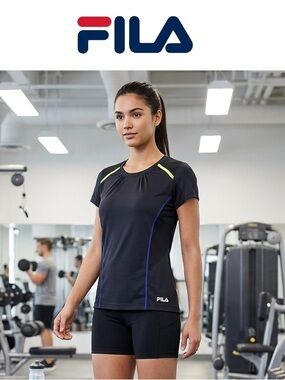 Fila Black Performance Tee with Neon Yellow and Blue Trim